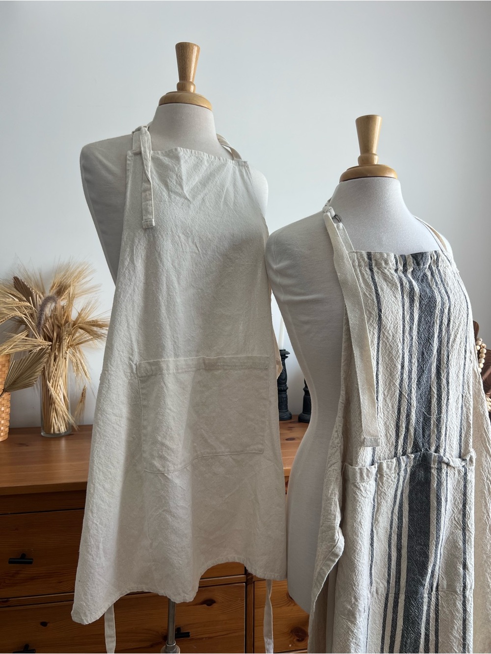 Neutral Linen Aprons - Natural & Striped Set - Picture 2 of 6